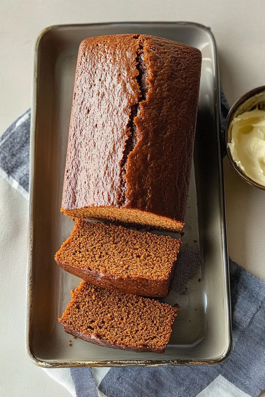 Top-down view of a freshly baked loaf on a plate.