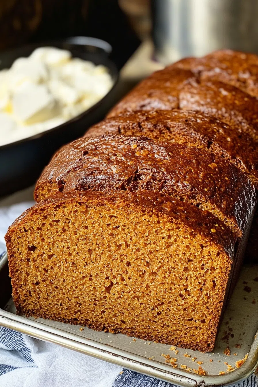 Close-up of a sliced dark, moist loaf on a wooden cutting board.