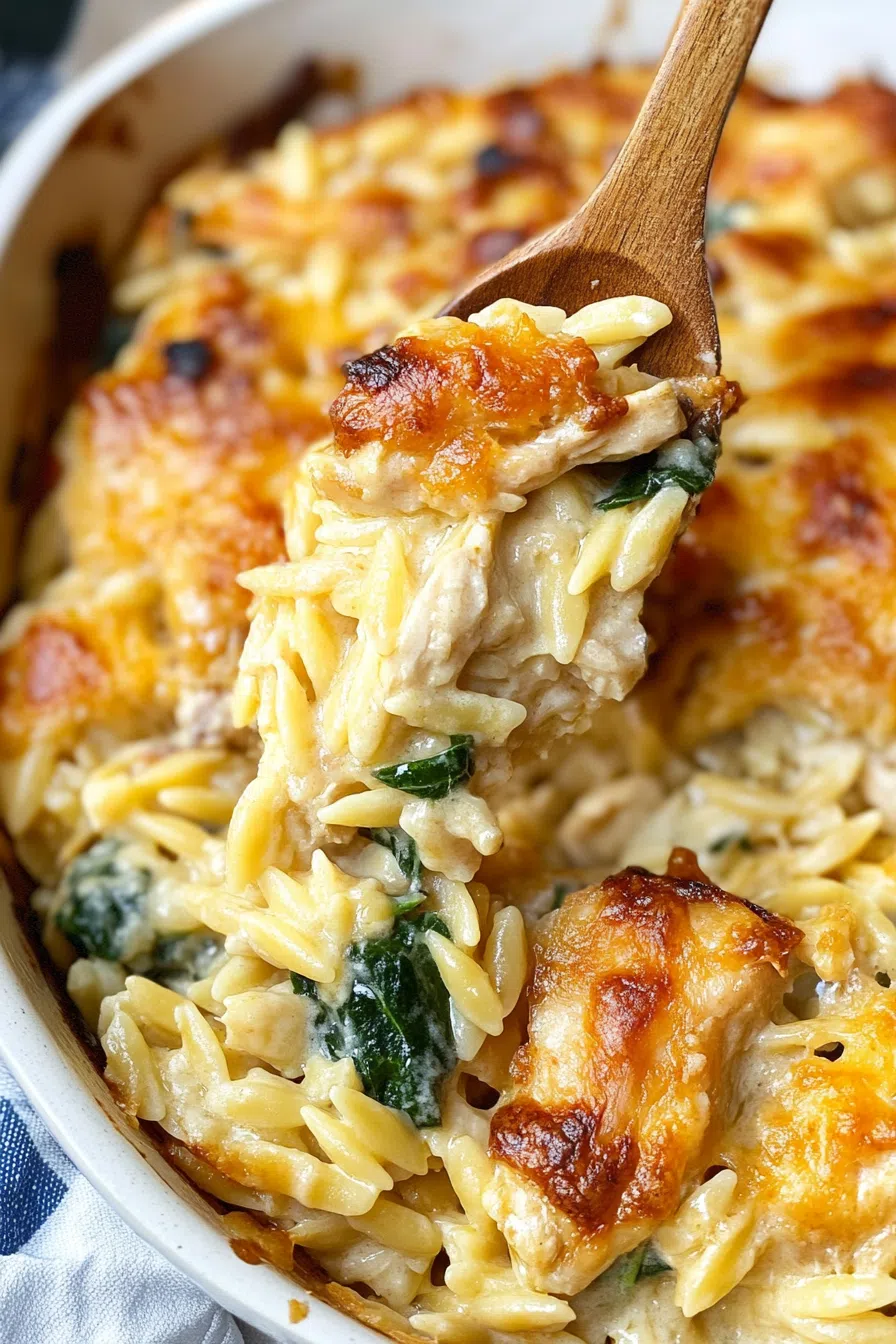 Close-up of a comforting dinner with tender chicken, orzo, and melted cheese.