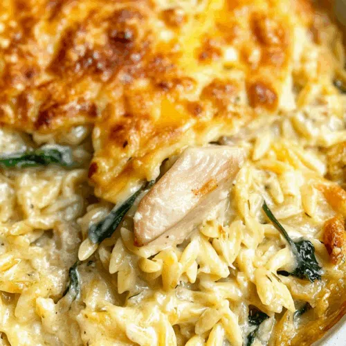 Bubbling hot dish fresh out of the oven with chicken, pasta, and herbs.