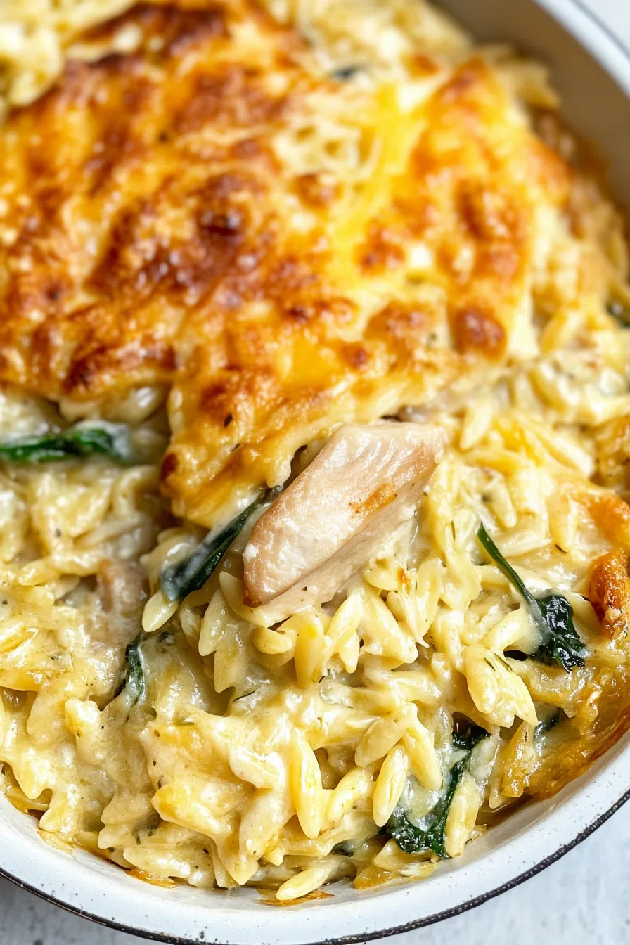 Bubbling hot dish fresh out of the oven with chicken, pasta, and herbs.