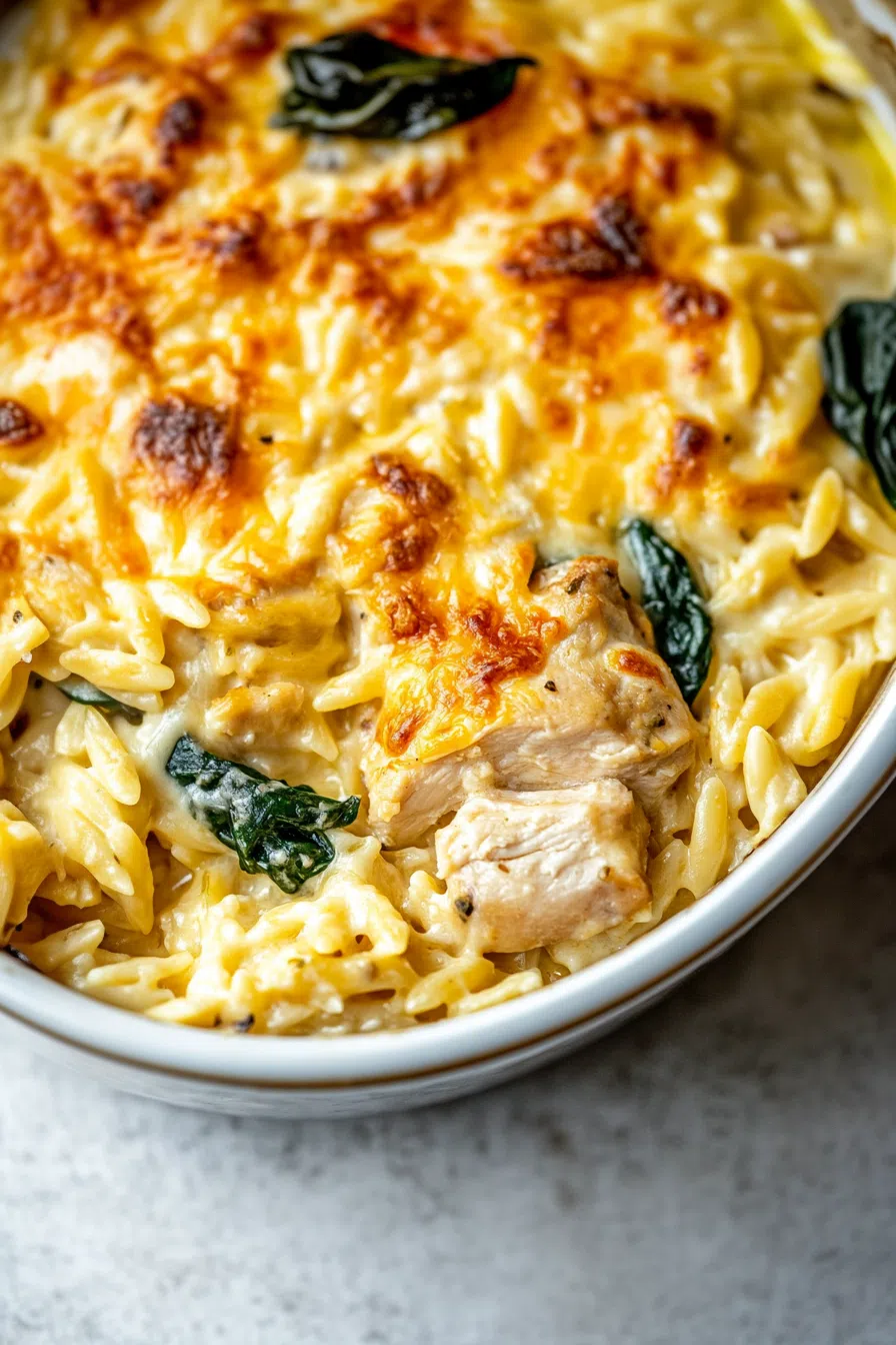 Rustic serving of baked orzo with flavorful chicken and gooey cheese topping.