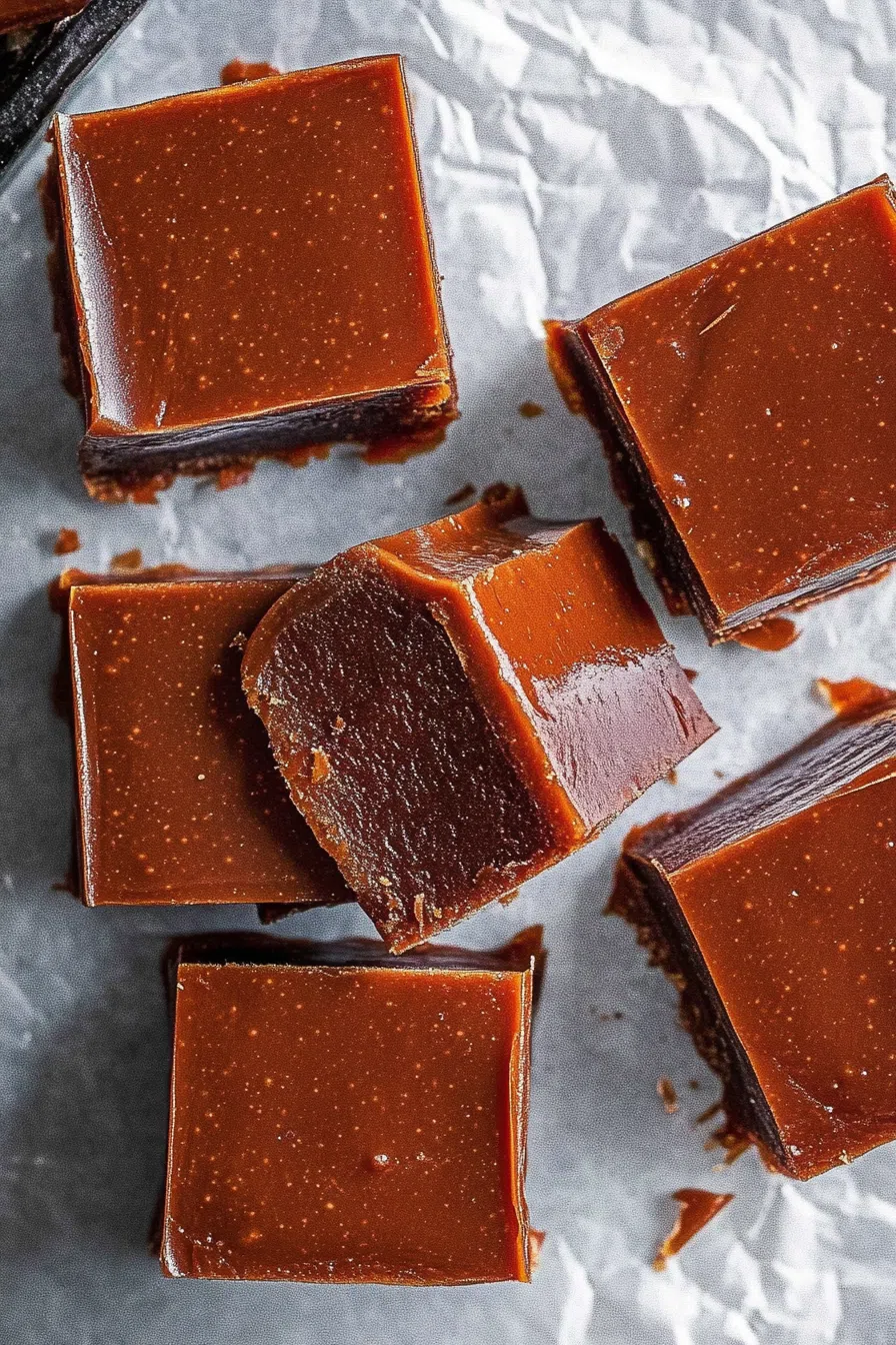 Homemade chocolate treats cut into bite-sized squares and arranged neatly.