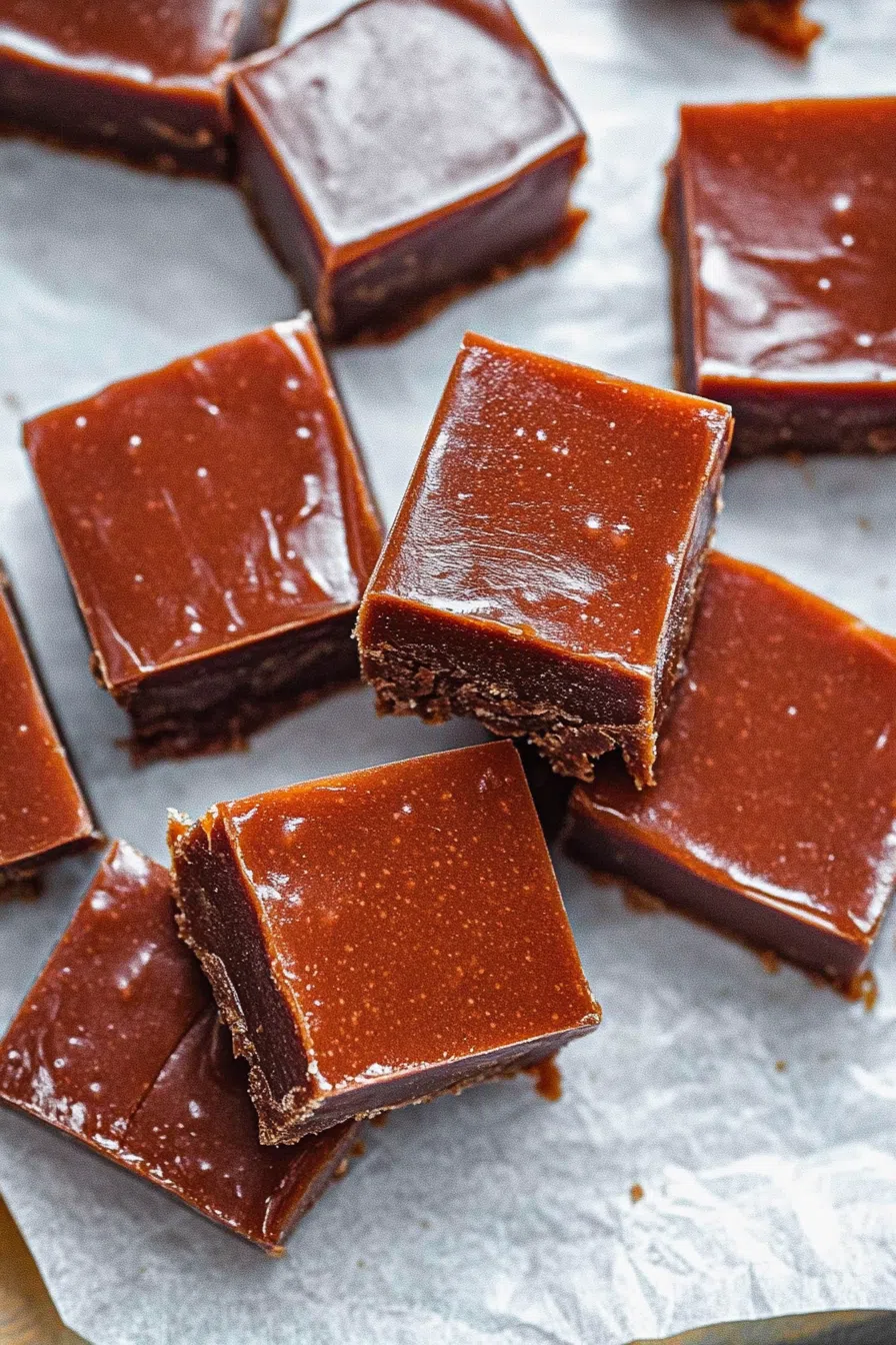 My Mom’s Fudge displayed on a rustic wooden board with a holiday napkin.