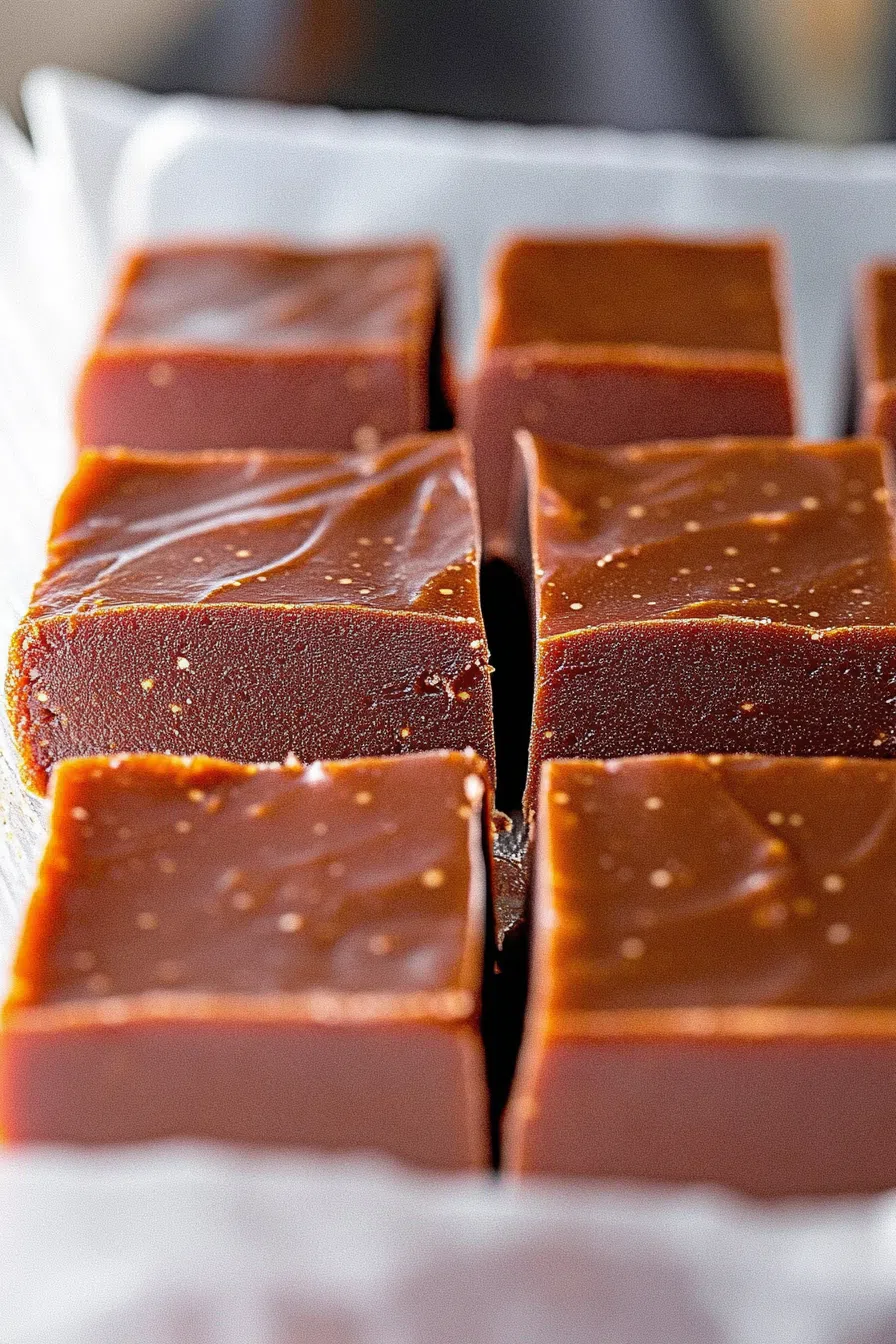 Close-up of rich, creamy fudge pieces arranged on parchment paper.