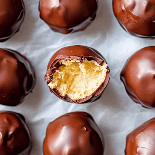 Close-up of smooth, bite-sized candies with exposed peanut butter centers.