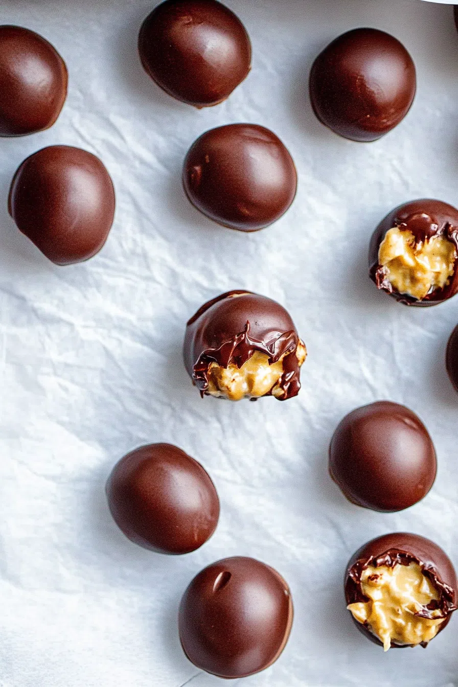 Bite-sized confections with exposed centers and dark chocolate coating on the base.