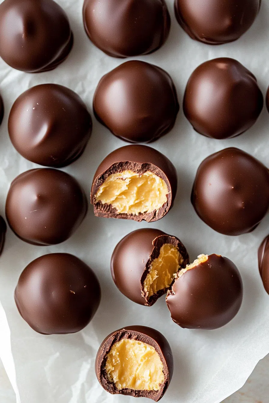 Round treats with chocolate-dipped bottoms and creamy peanut butter tops, arranged in rows.