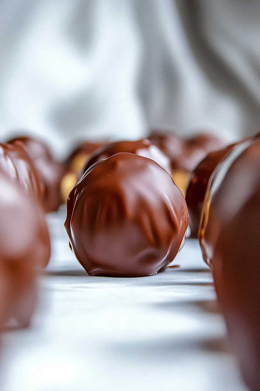 Round peanut butter treats partially dipped in glossy chocolate and arranged on a tray.