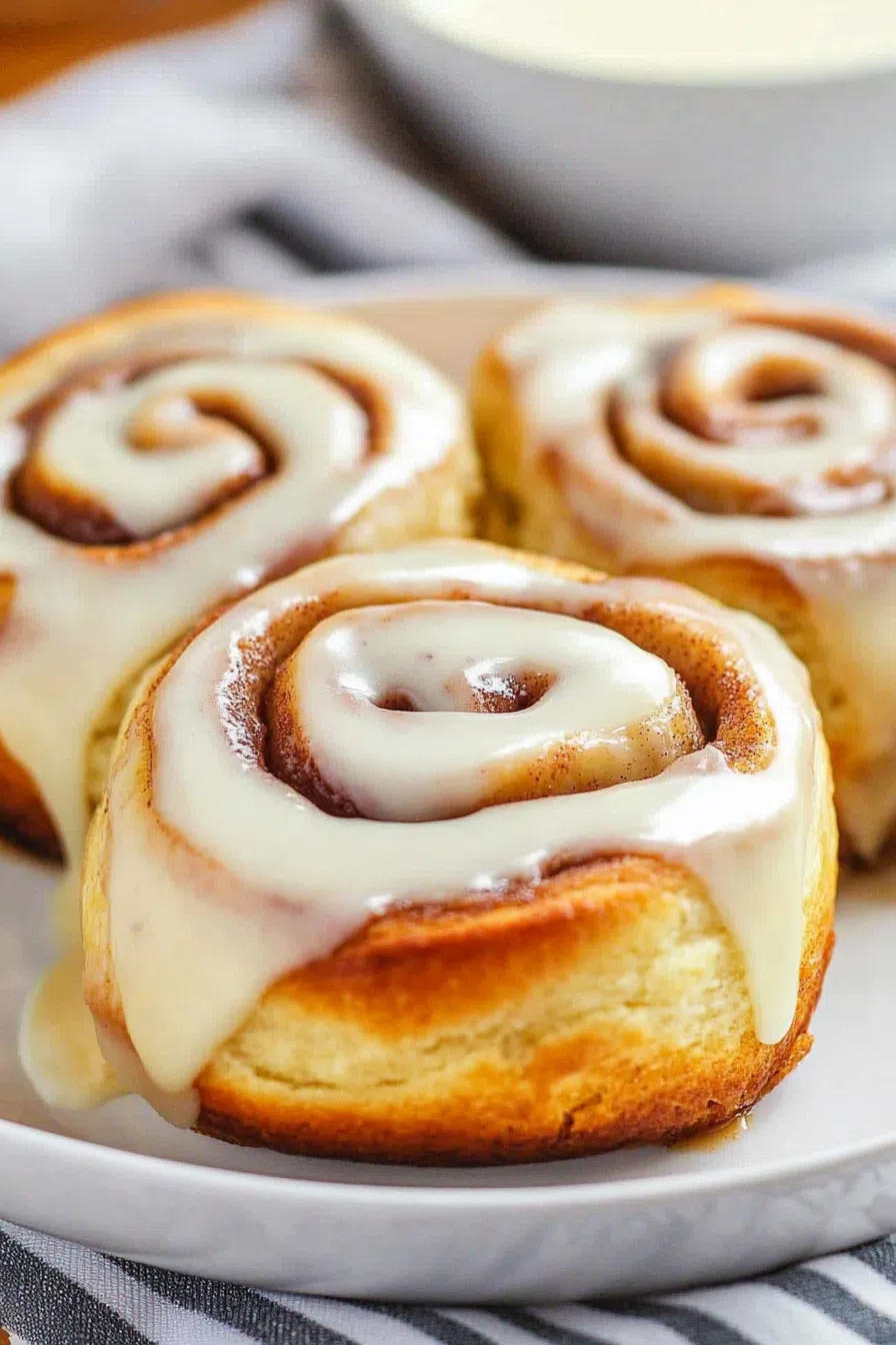 Soft, fluffy rolls with visible layers of cinnamon filling and sweet frosting