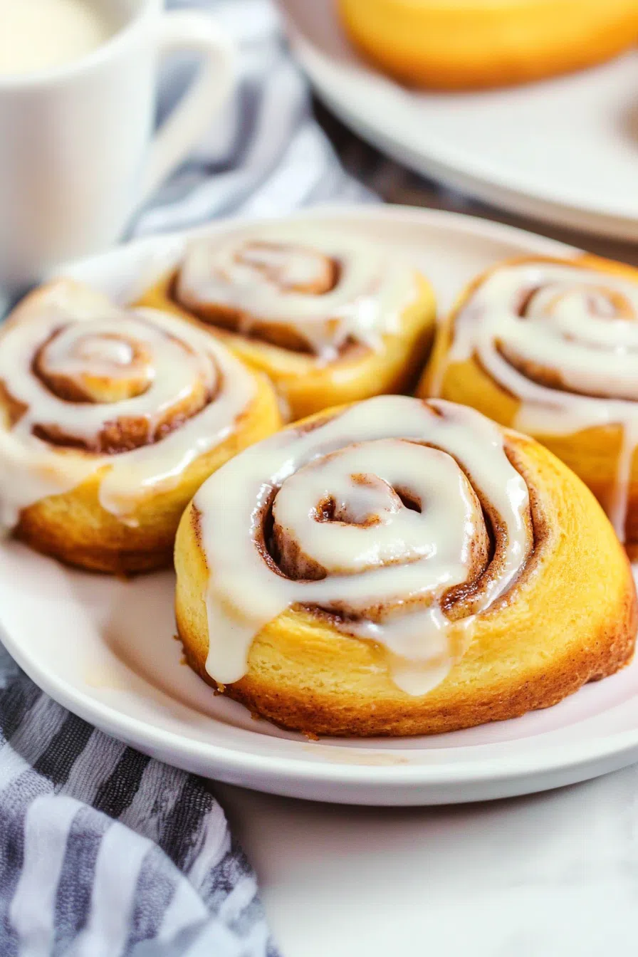Warm, spiral-shaped pastries topped with a drizzle of icing on a serving plate