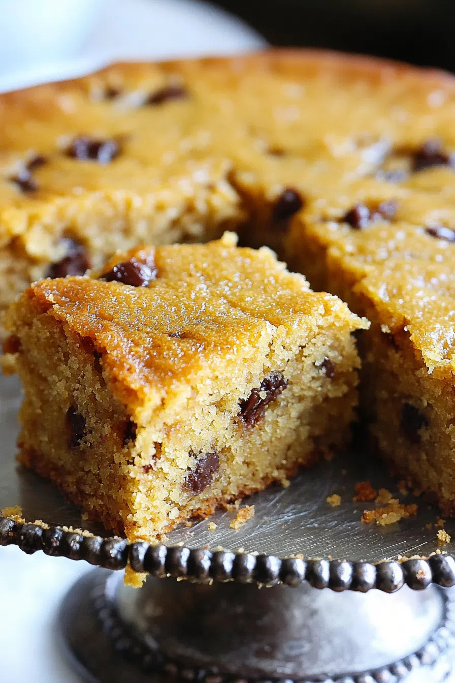 A thick slice of dark, moist cake served on a vintage dessert plate.