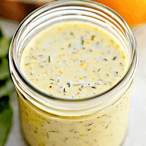 Overhead view of a salad with a light, glossy coating and colorful vegetable toppings