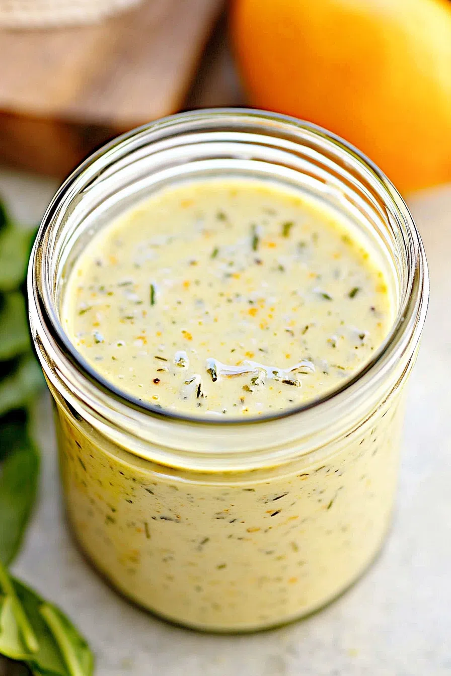 Overhead view of a salad with a light, glossy coating and colorful vegetable toppings