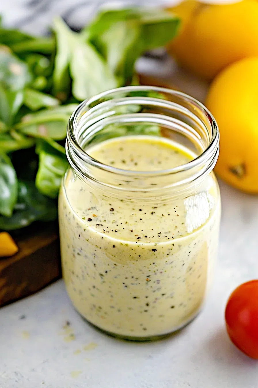Bottle of homemade dressing surrounded by garlic, herbs, and lemon wedges