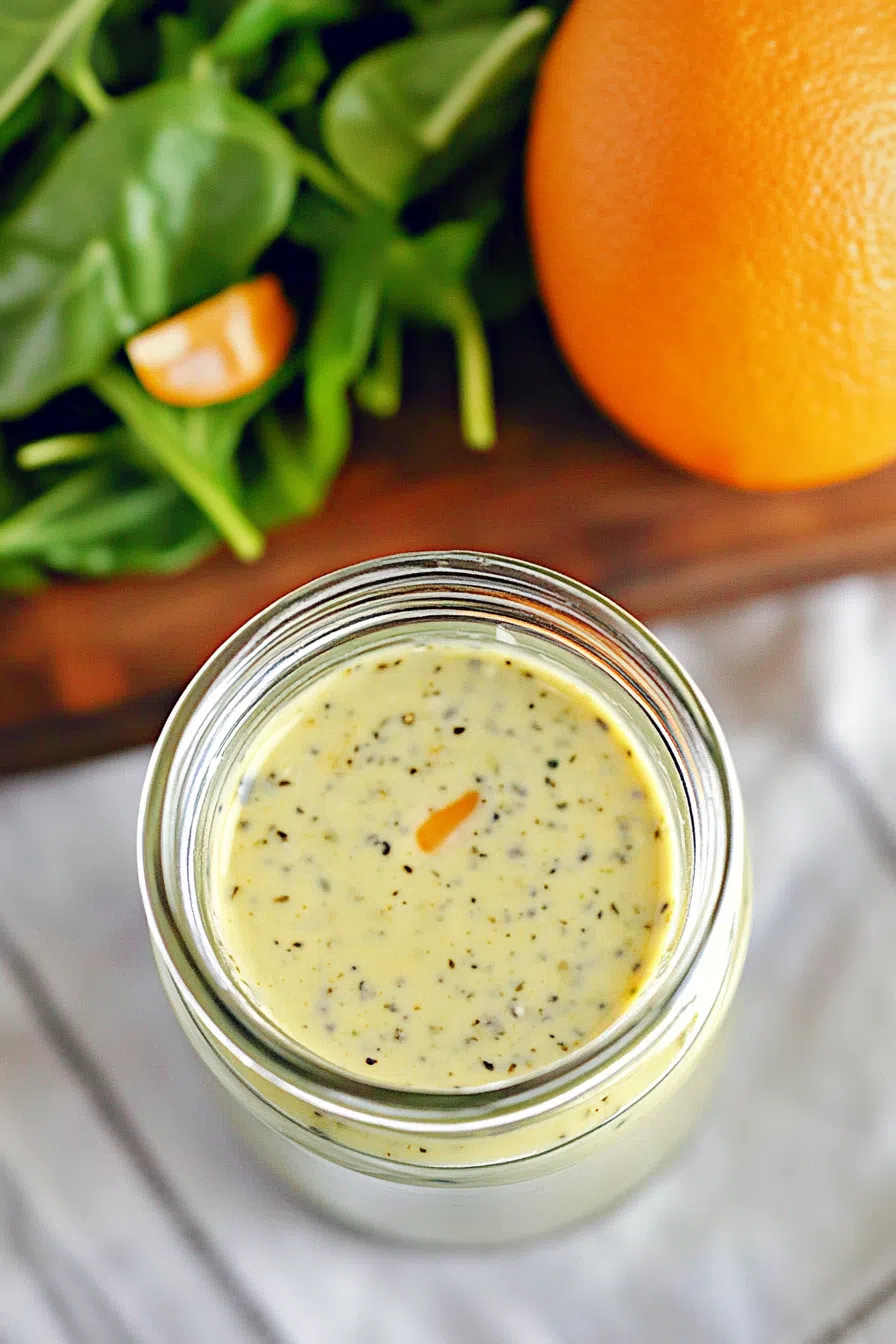 Small bowl of zesty dressing placed beside a plate of fresh greens