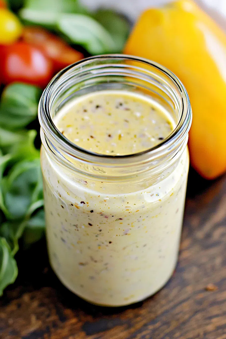 Glass jar filled with a creamy, herb-speckled dressing next to fresh ingredients