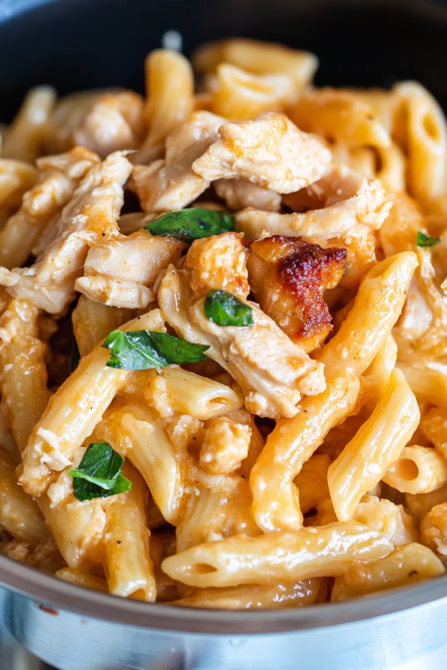 Close-up of tender chicken pieces nestled in a rich, saucy pasta.