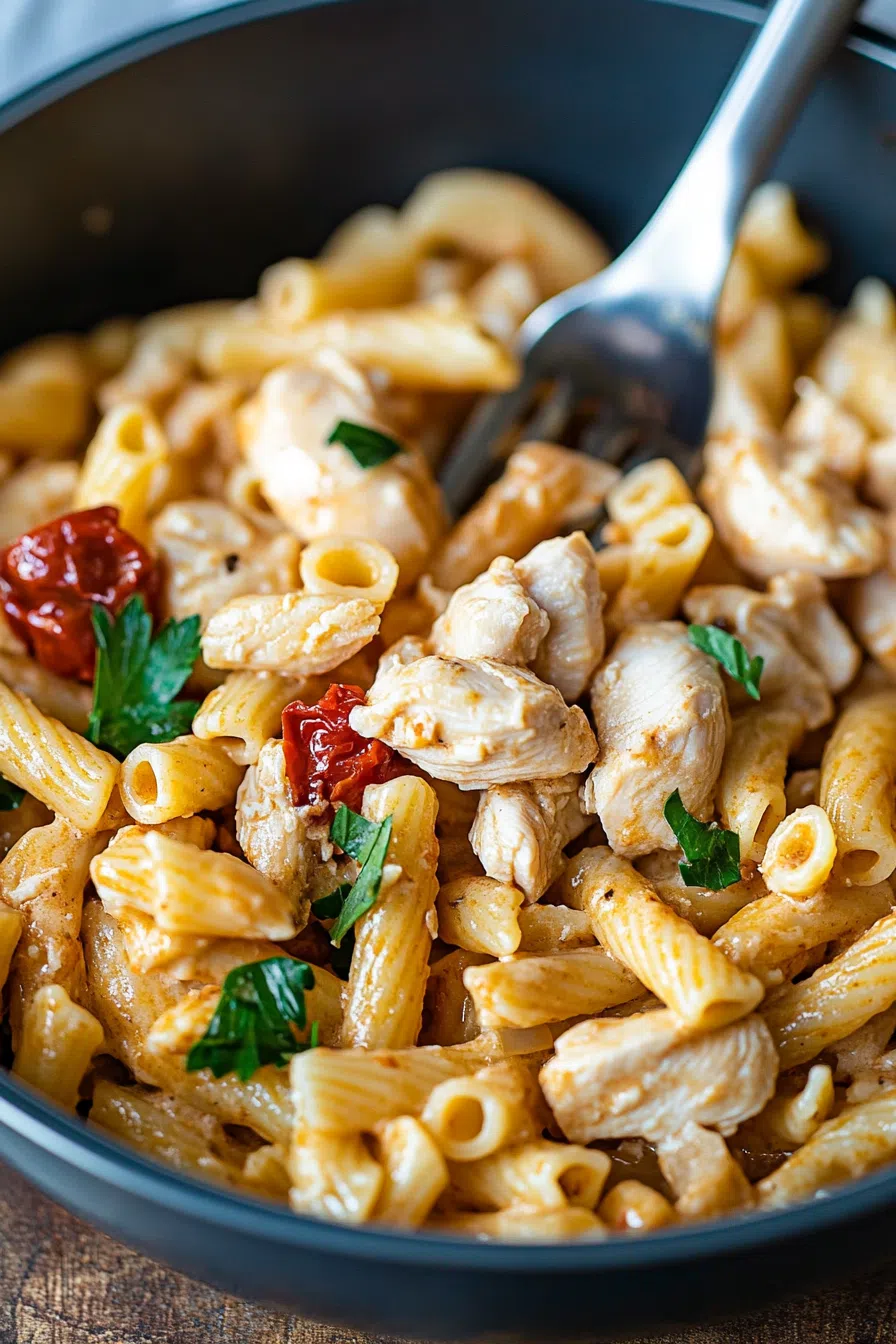 Creamy pasta dish topped with golden seared chicken and herbs.