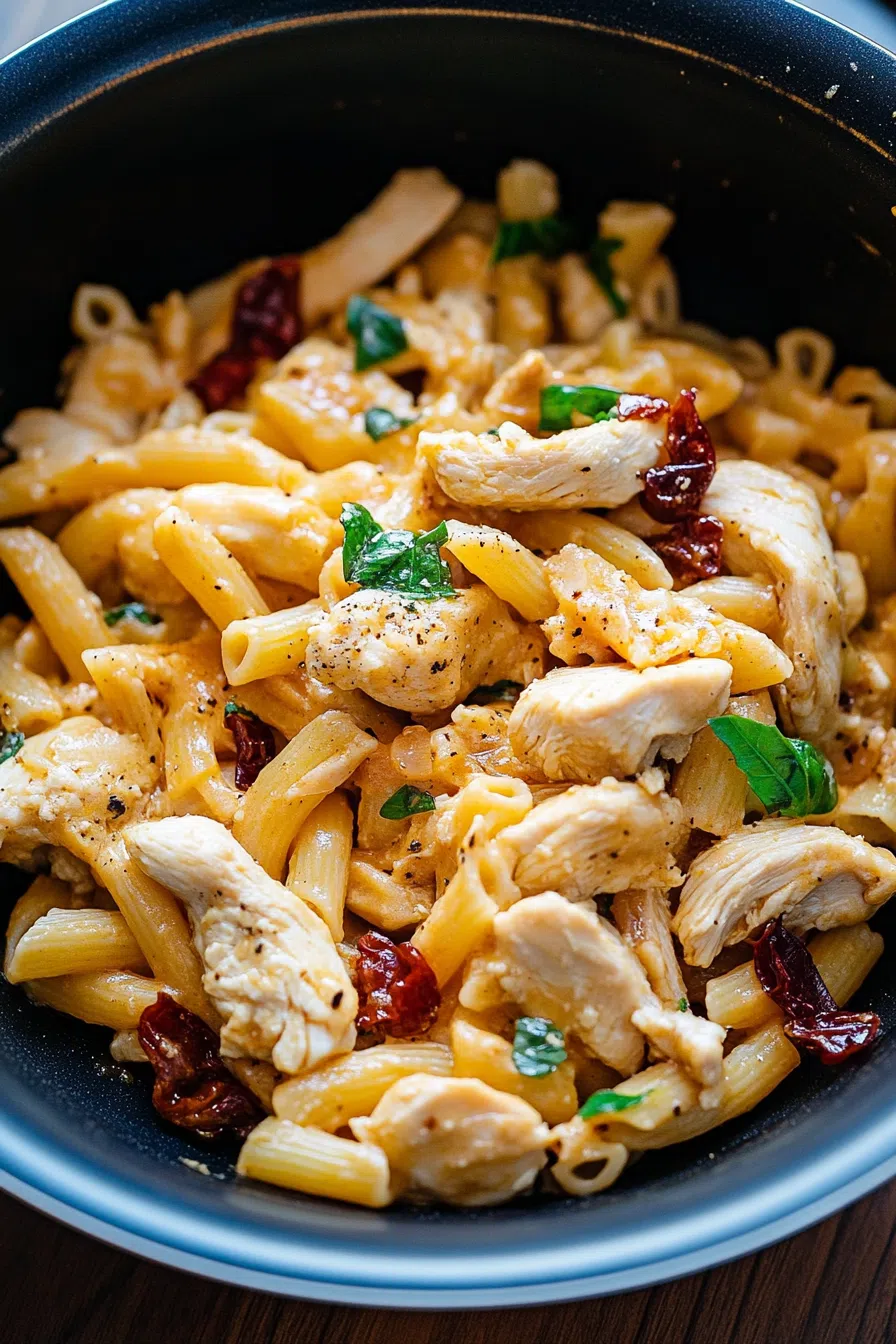 Overhead view of a skillet filled with creamy noodles and cooked meat.