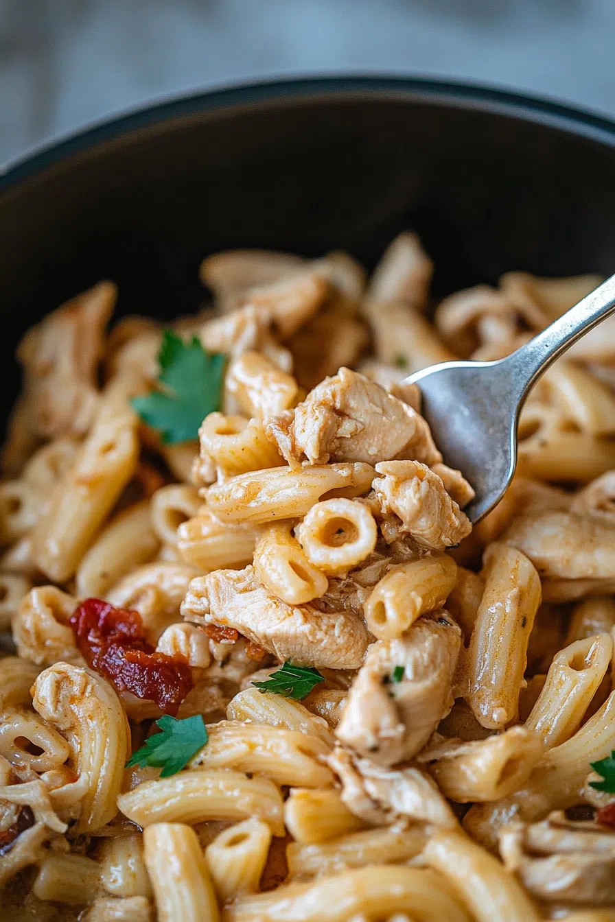 Forkful of saucy noodles lifted from a pan, showing creamy texture.