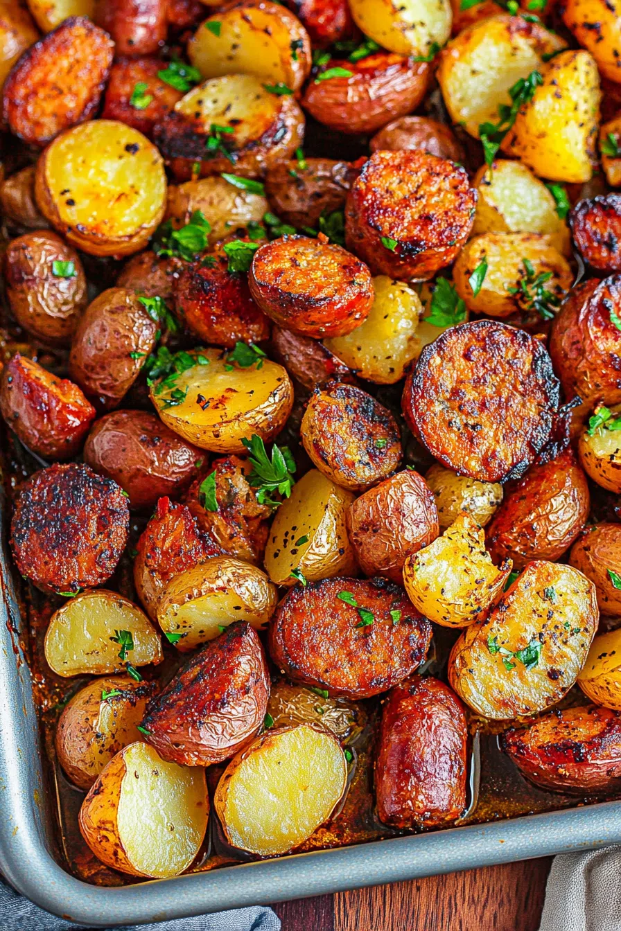 Hearty roasted meal with crispy potato wedges and seared meat slices.