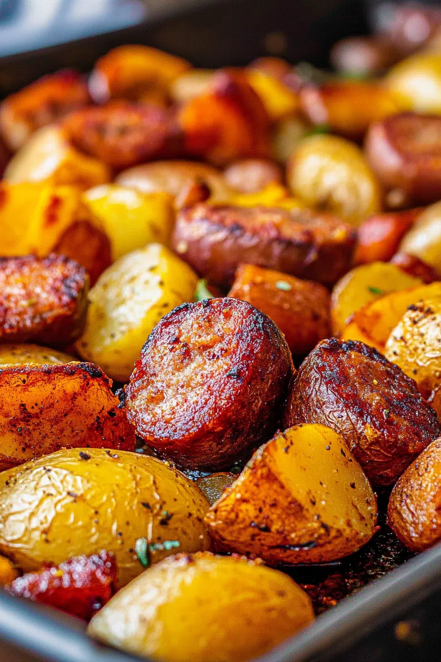 Golden roasted chunks and seared meat served on a rustic baking tray.