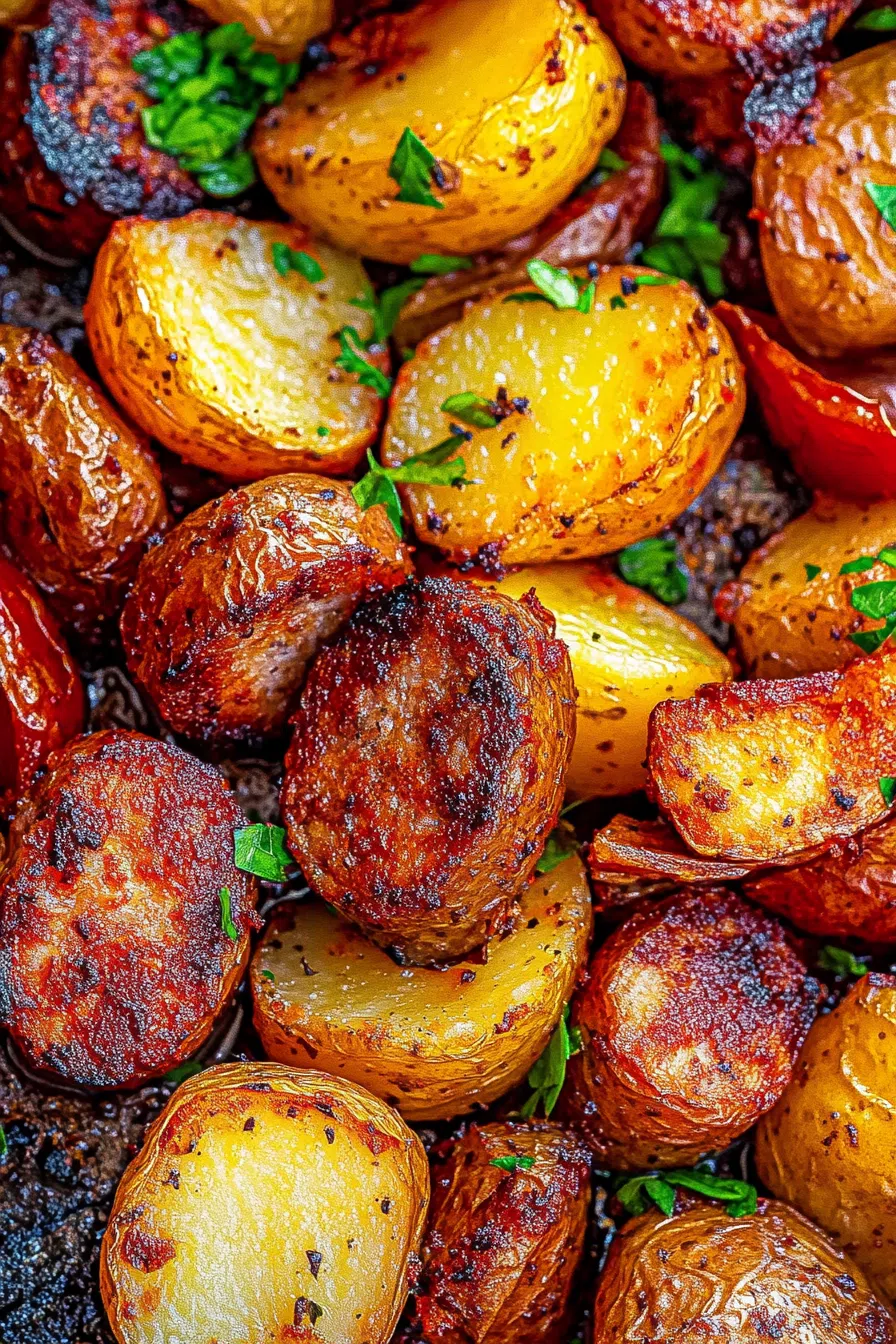 Close-up of a well-seasoned dish featuring roasted root vegetables and protein.
