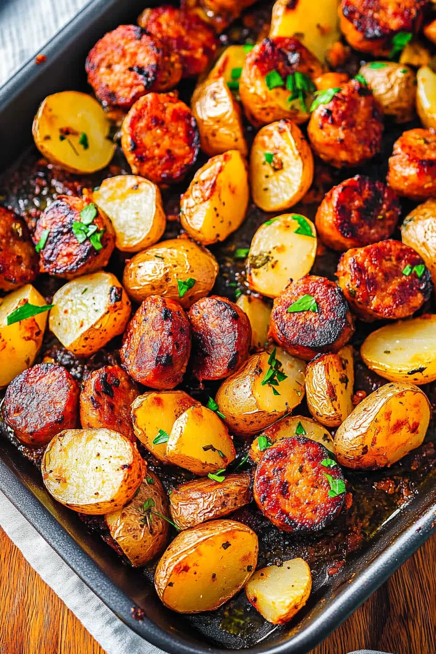 Rustic sheet pan dinner with golden-brown potatoes and browned savory links.