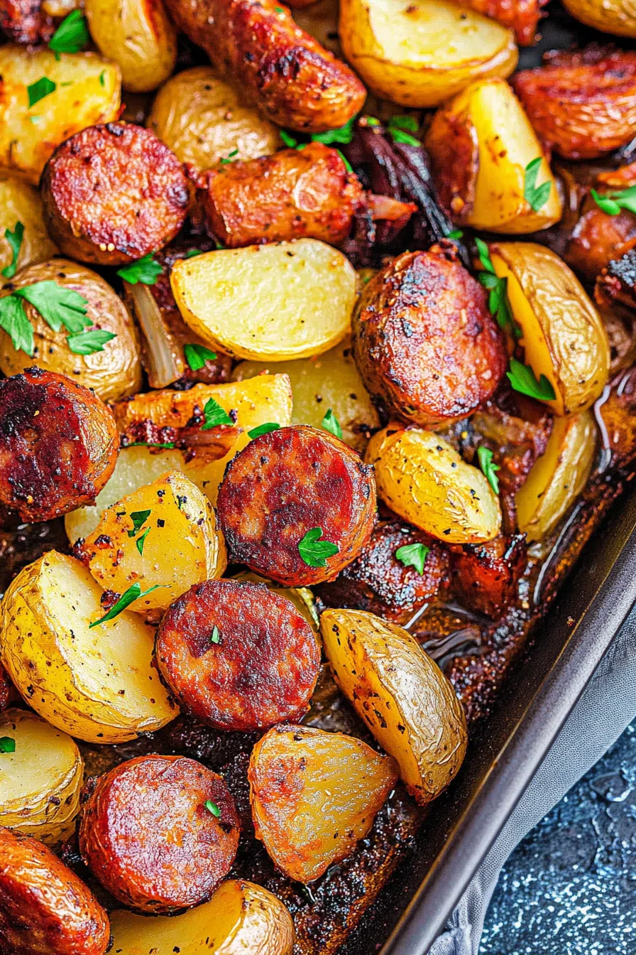 Oven-baked tray full of colorful, well-roasted ingredients fresh out of the oven.