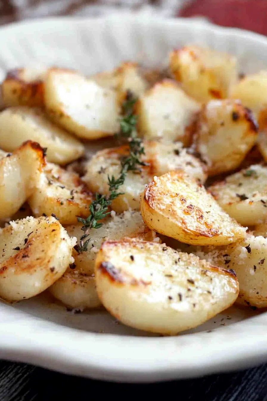 Golden roasted vegetable cubes sprinkled with grated cheese and fresh herbs.
