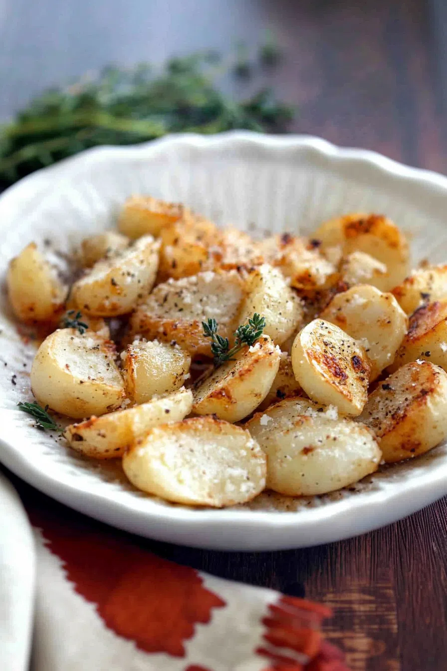 Crisp-edged oven vegetables plated on a neutral background with flecks of seasoning.