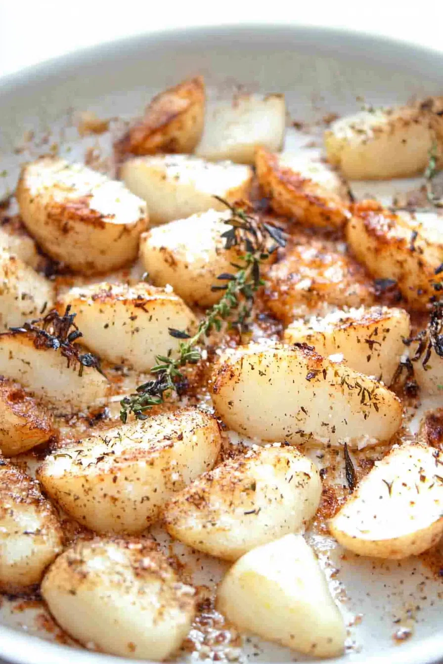 Close-up of caramelized turnip pieces on a baking tray with crispy edges.