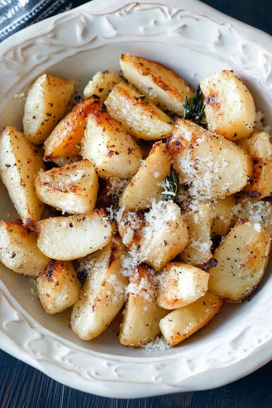 Parmesan-dusted roasted turnips garnished with herbs, ready to be served.