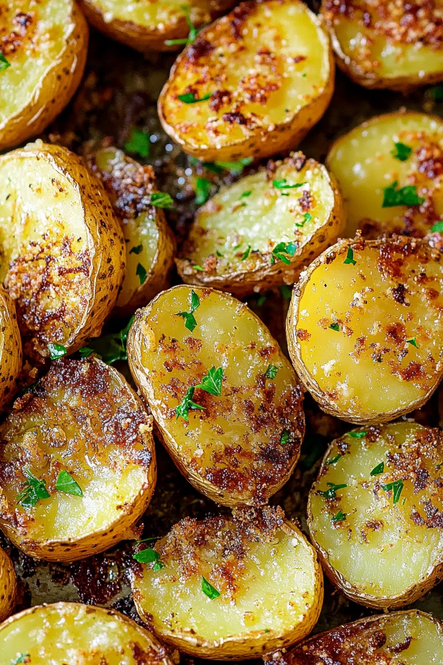 Side dish of seasoned potatoes with visible bits of garlic and toasted edges.