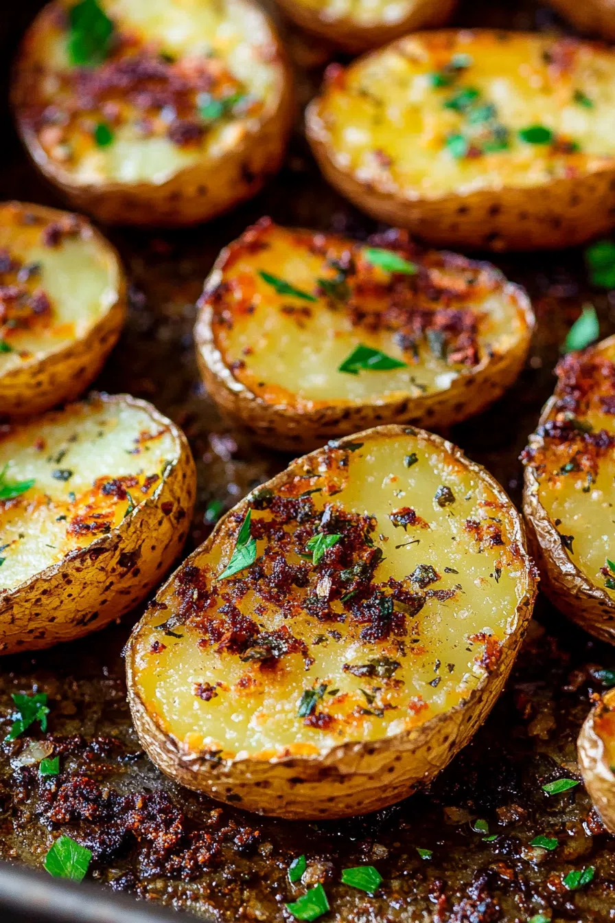 Oven-roasted potatoes with a lightly browned crust and flecks of seasoning.