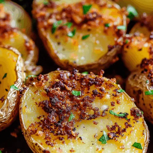 Close-up of tender roasted potatoes with a crunchy, caramelized exterior.