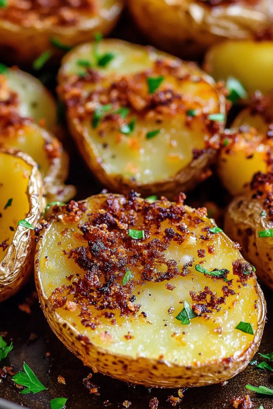 Close-up of tender roasted potatoes with a crunchy, caramelized exterior.