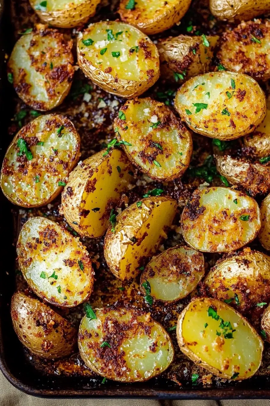 Golden roasted potato pieces served in a shallow dish with crisp edges.