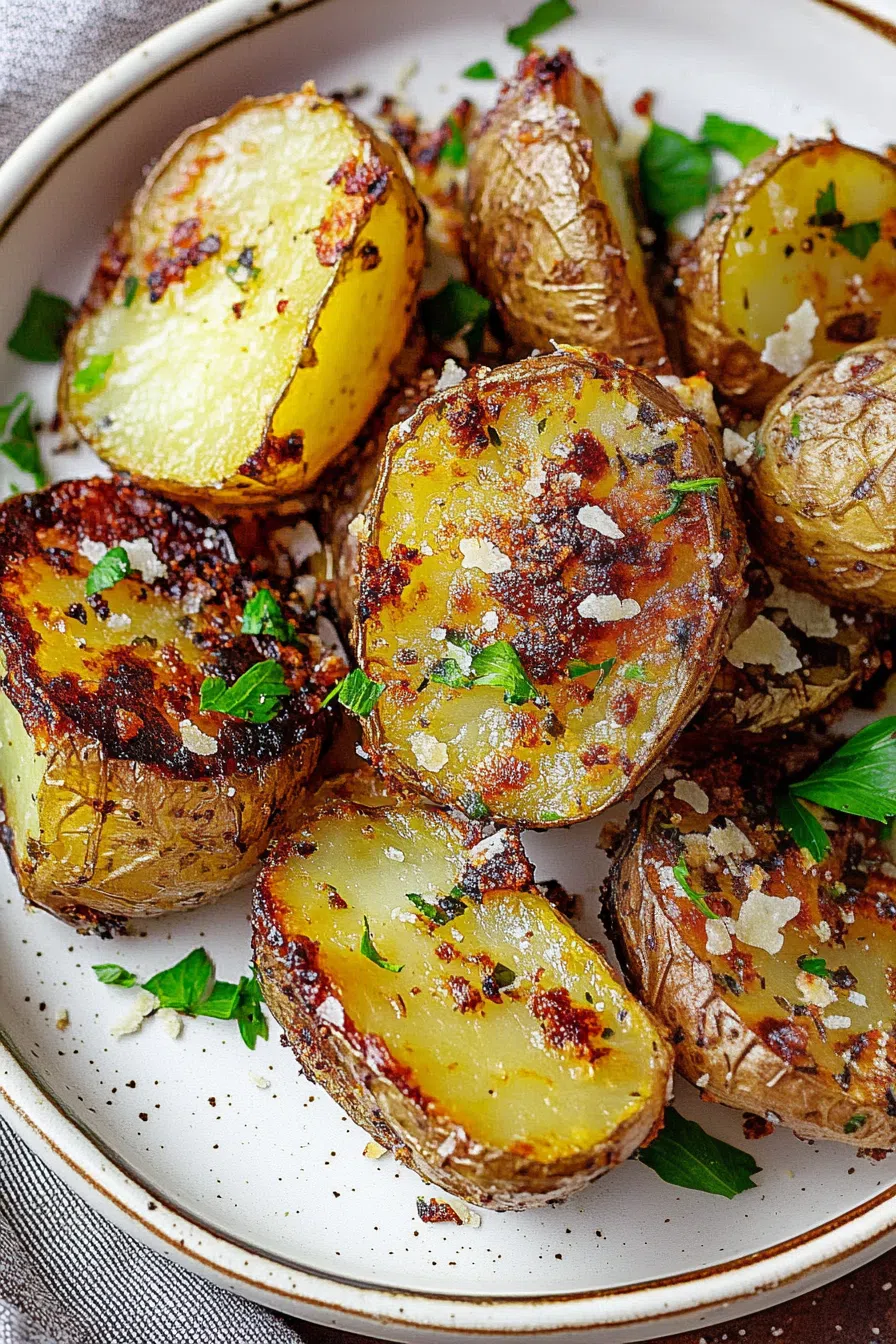 Crispy, golden potato wedges with a sprinkle of herbs served in a rustic plate.