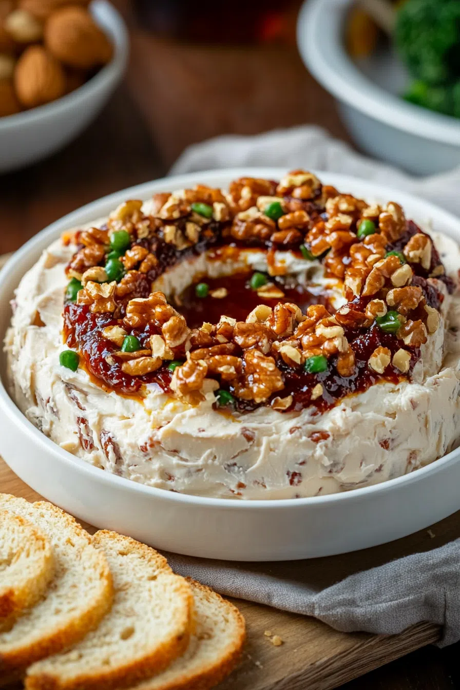Appetizer board featuring a cheese dip surrounded by crackers and veggies.