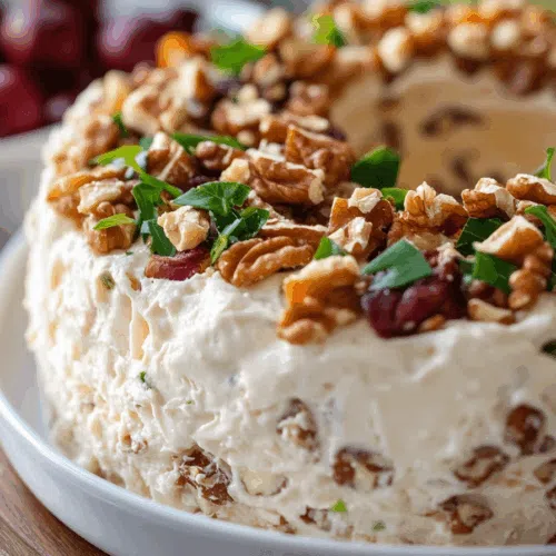 Close-up of a textured cheese spread with visible bits of pimento and seasoning.