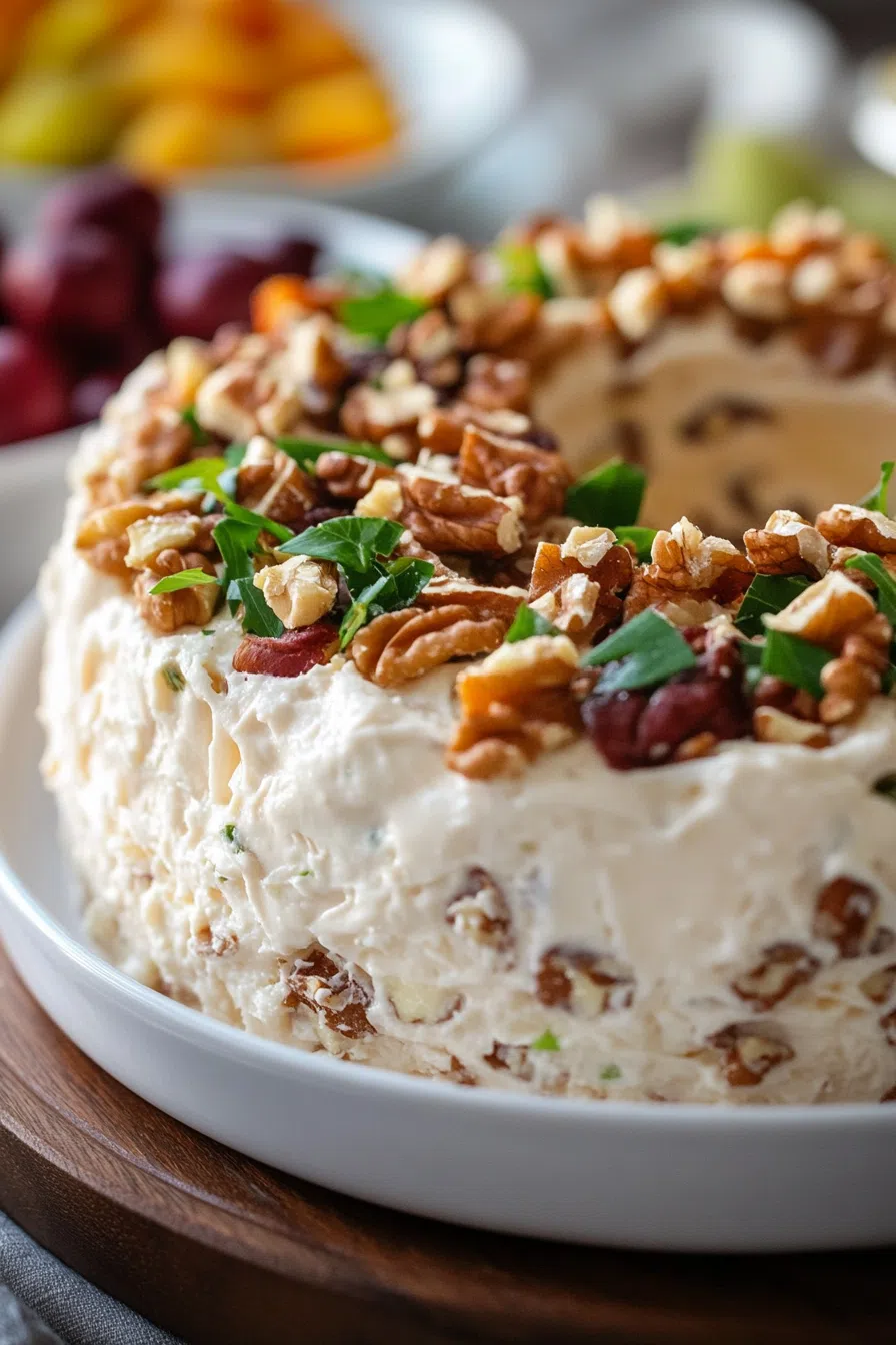 Close-up of a textured cheese spread with visible bits of pimento and seasoning.