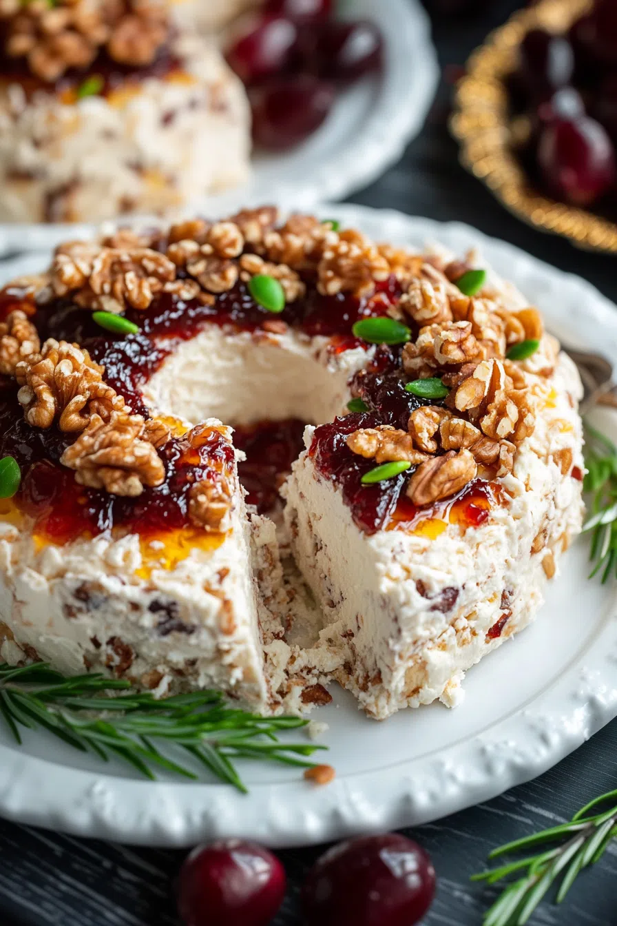 Creamy cheese spread molded into a festive shape, garnished with chopped herbs.