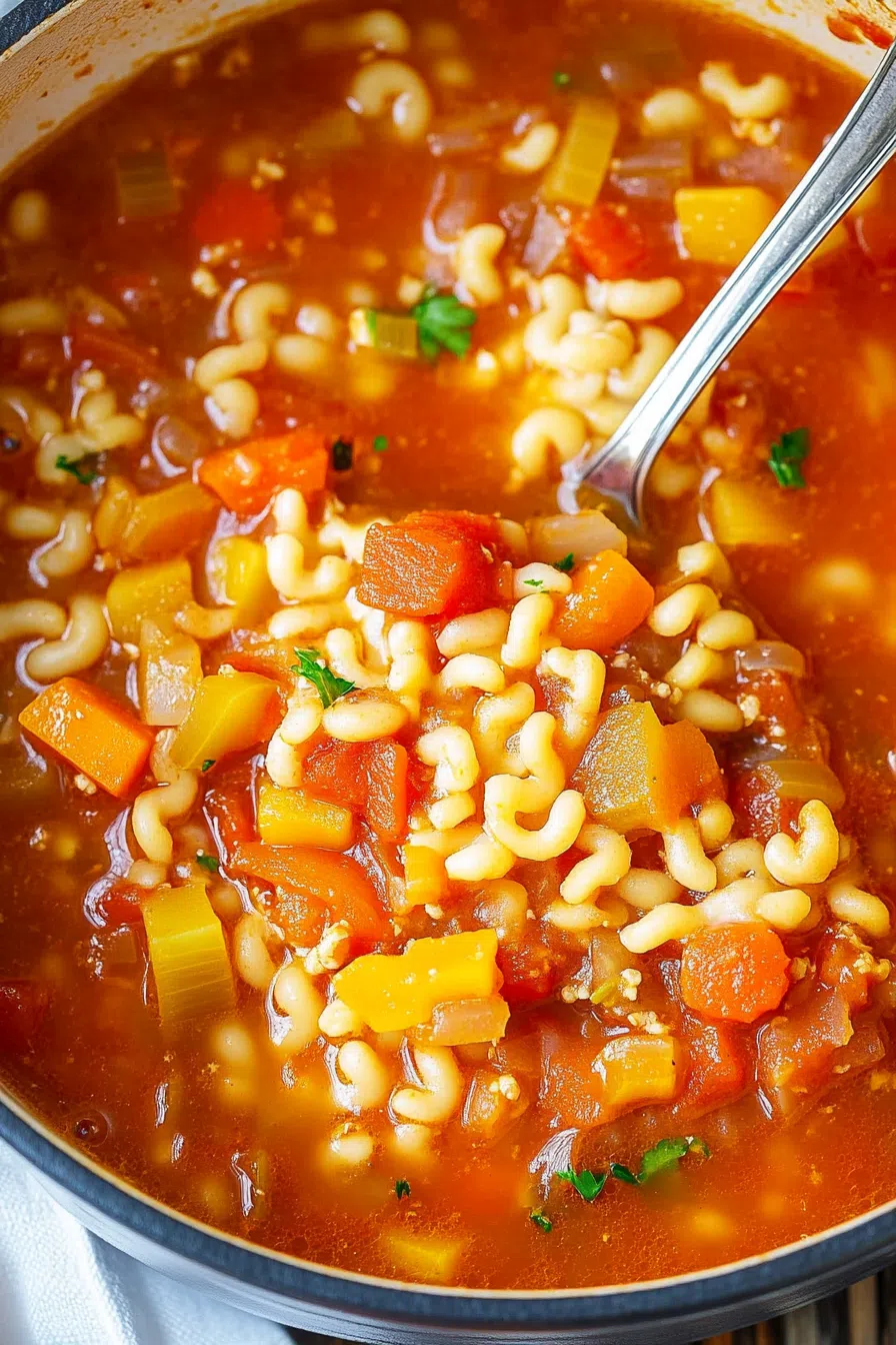 Colorful, veggie-packed soup with visible pasta pieces and a sprinkle of parsley.