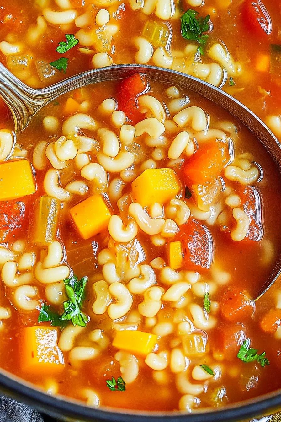 Rustic ceramic bowl filled with a light tomato-based soup and tender pasta.