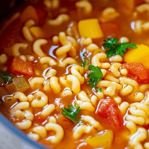 Close-up of a warm, comforting soup with noodles, carrots, and celery.