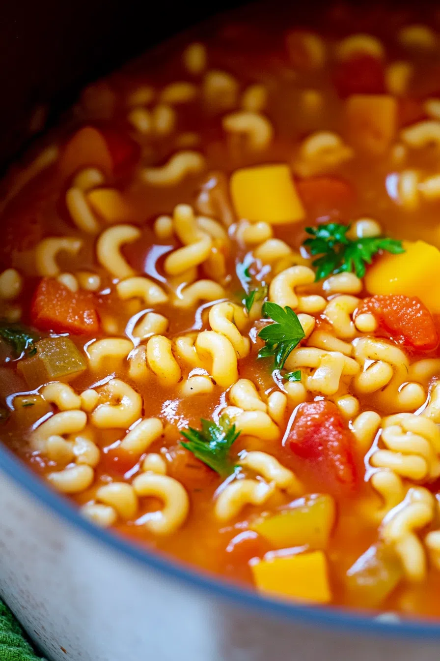 Close-up of a warm, comforting soup with noodles, carrots, and celery.