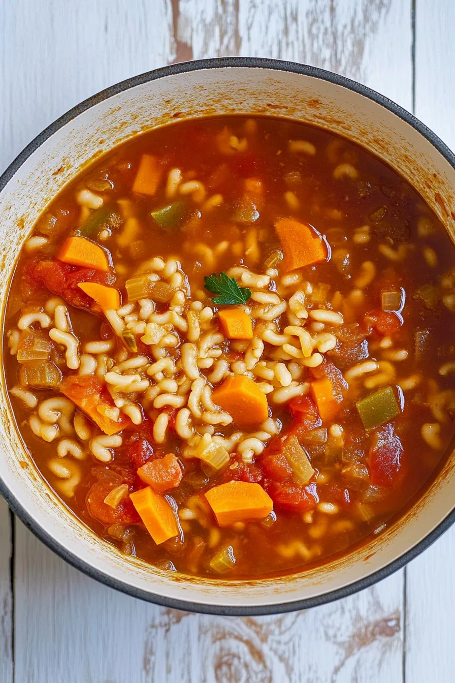 Pasta soup served hot in a deep bowl, garnished with grated cheese.
