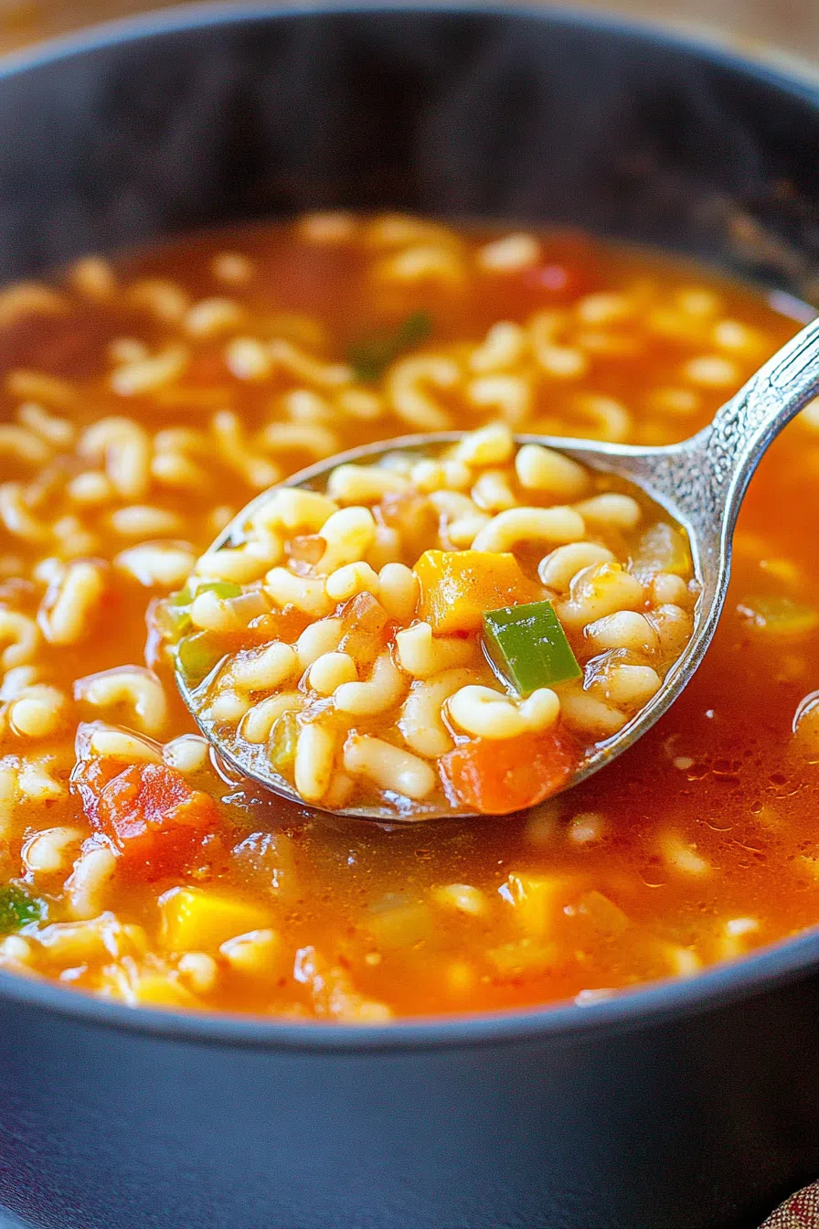 Hearty bowl of broth filled with small pasta, vegetables, and fresh herbs.